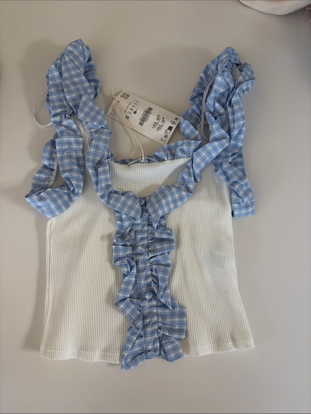 Zara White Ribbed Tank with Blue Gingham Ruffle Straps